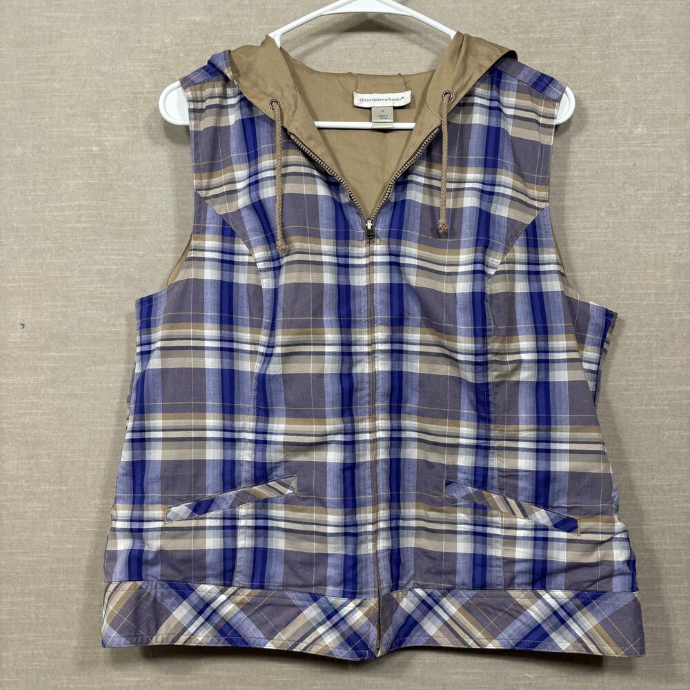 Christopher Banks Reversible Plaid Hooded Vest M Tan Purple Urban‎ Classic Layer
